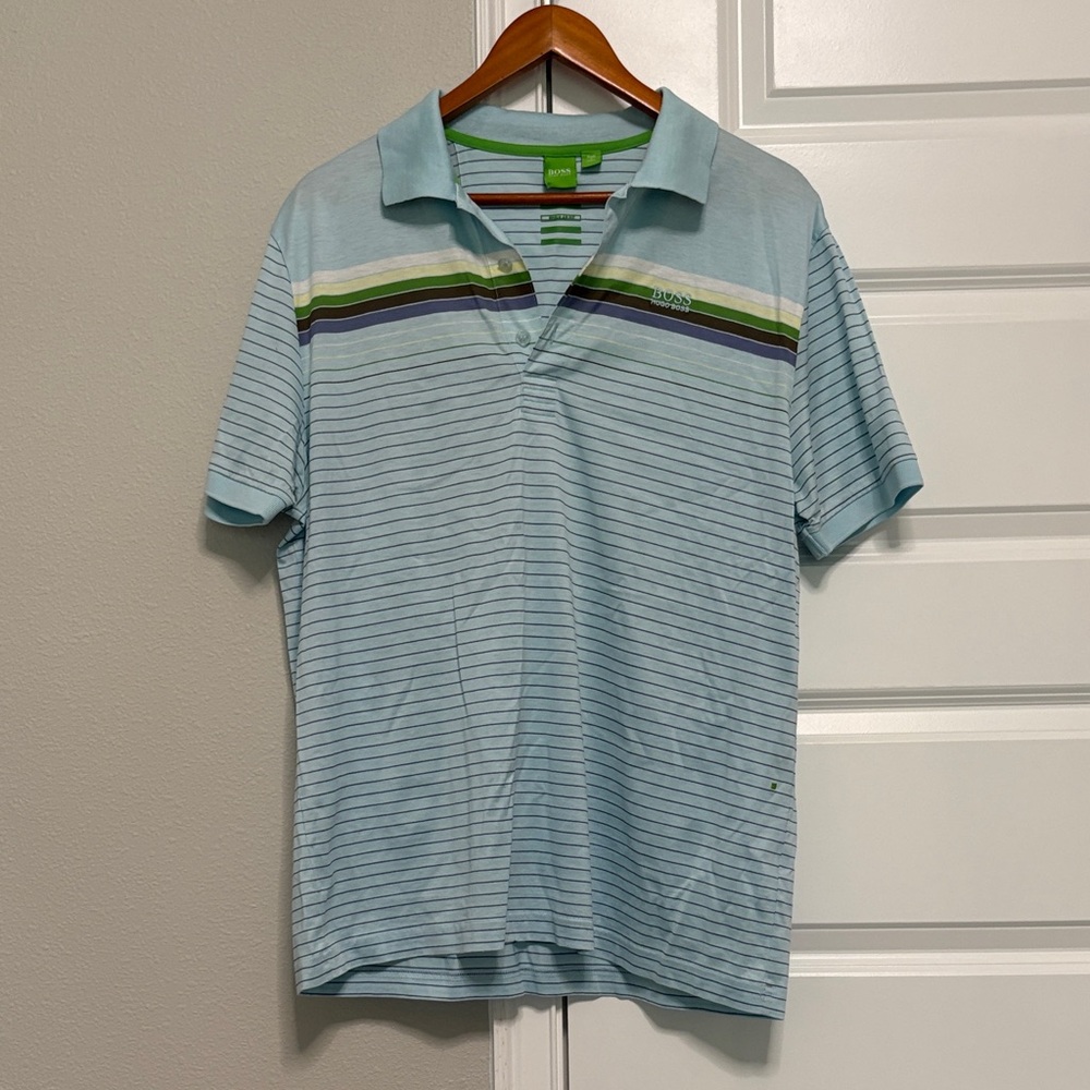 Boss Light Blue Polo with Navy and Green Stripe Accents